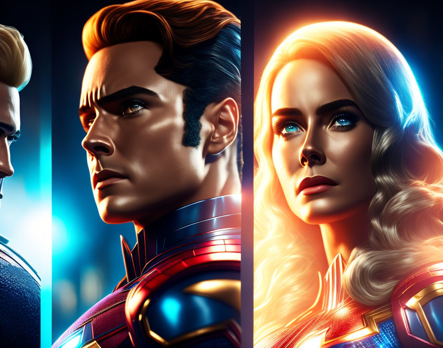 Stylized split image of blonde male and female superheroes in dramatic lighting