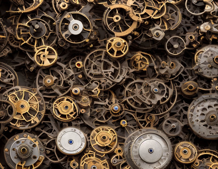 Detailed Close-Up of Intermixed Watch Gears and Parts