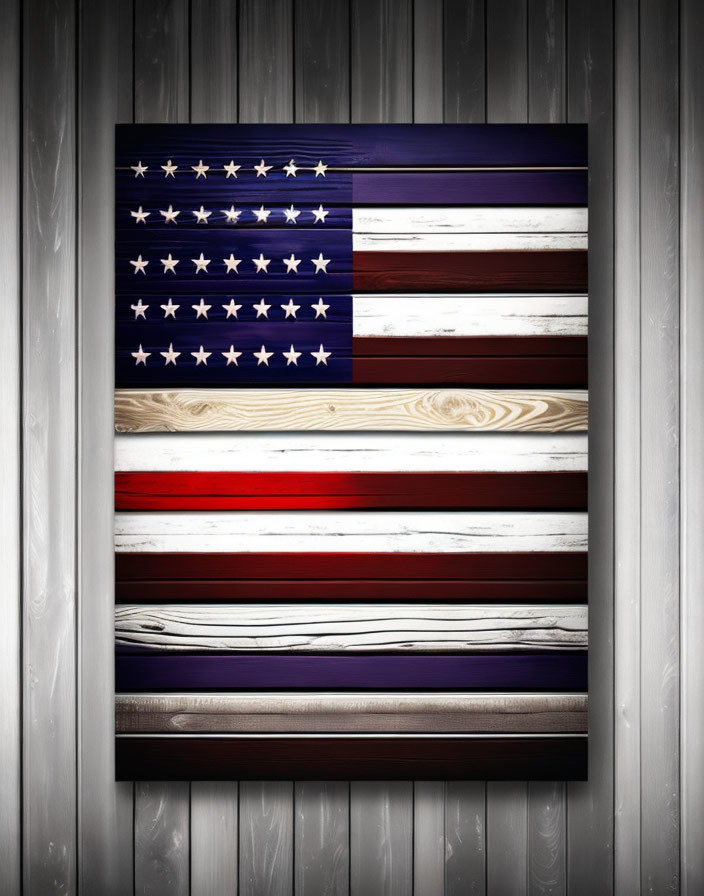 Stylized American flag with wooden texture on wall, vertical shading.