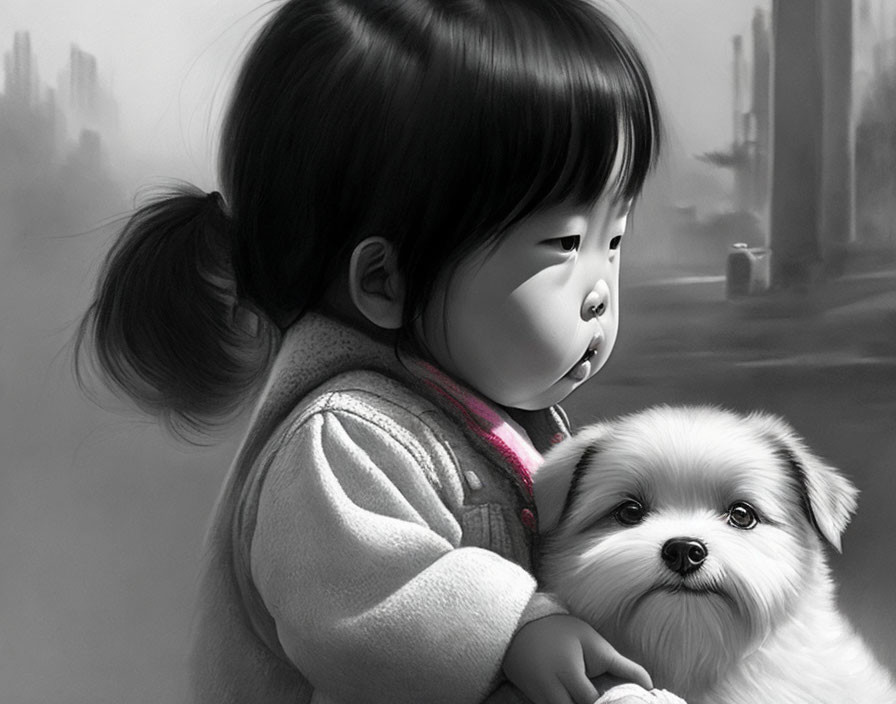 Monochrome image: Child with ponytail and pacifier hugging fluffy dog in urban setting