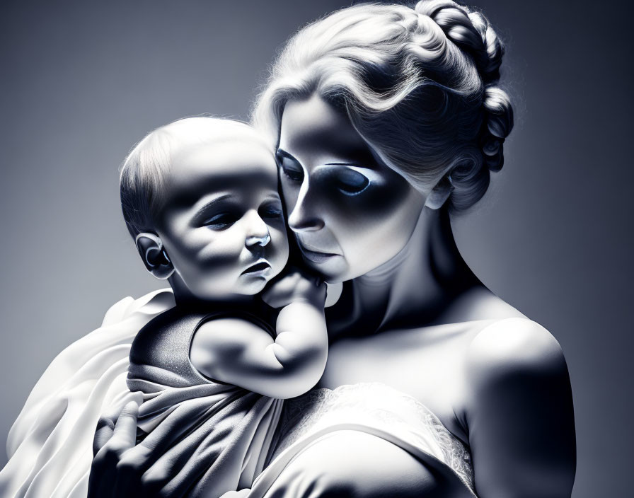 Monochromatic artistic portrait of woman and baby with highlighted contours and shadows.