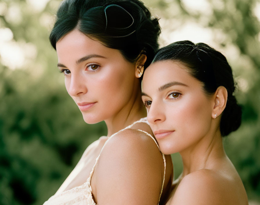 Two women with dark hair in light dresses pose back-to-back in serene expressions