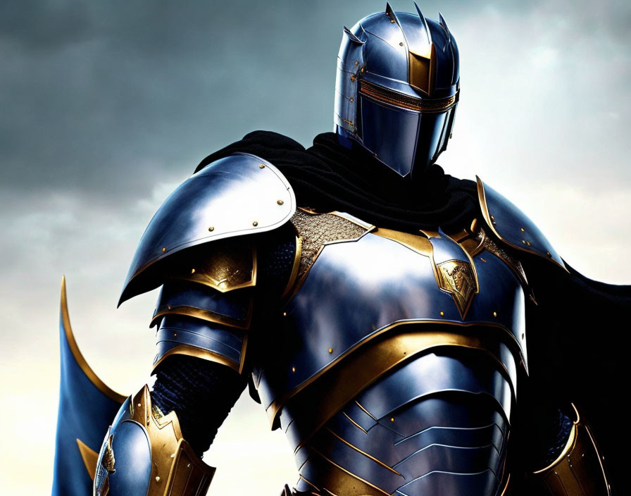 Blue and Gold Armored Knight Holding Helmet Against Cloudy Sky