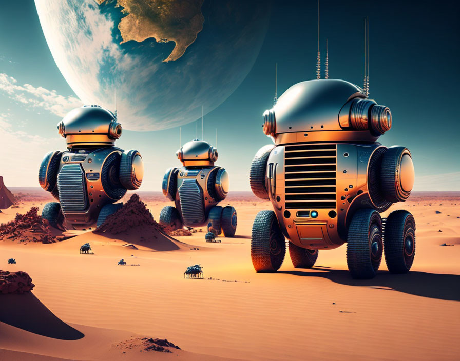 Futuristic robots in desert with alien sky and large planet