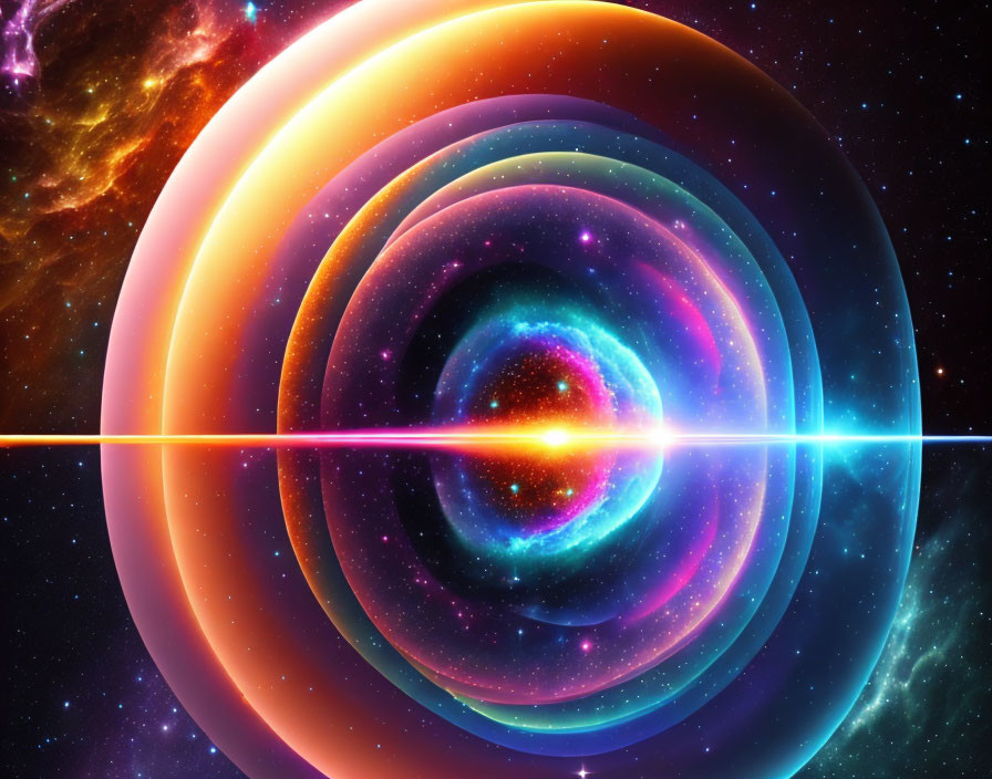 Vibrant concentric circles on cosmic background symbolizing galaxy or black hole.