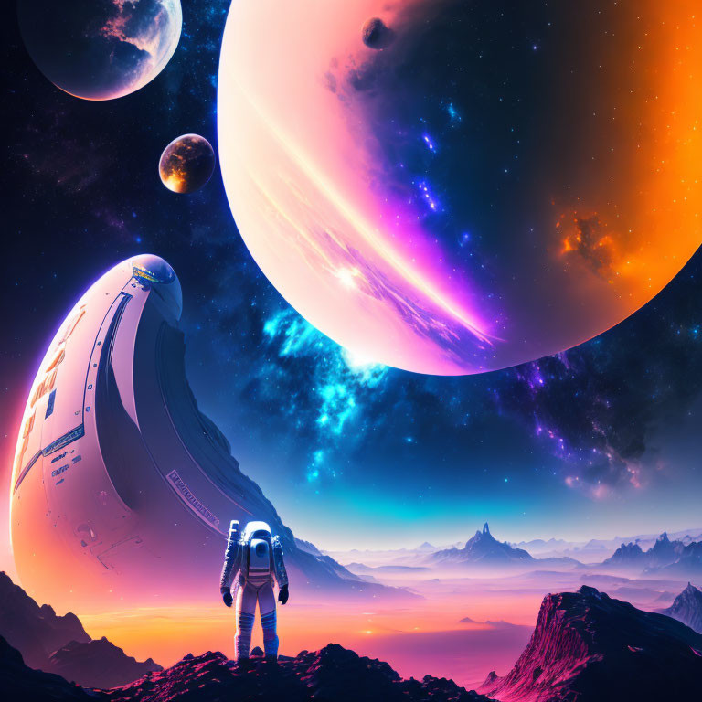 Astronaut on rocky alien planet with spaceship and colorful planets in sky