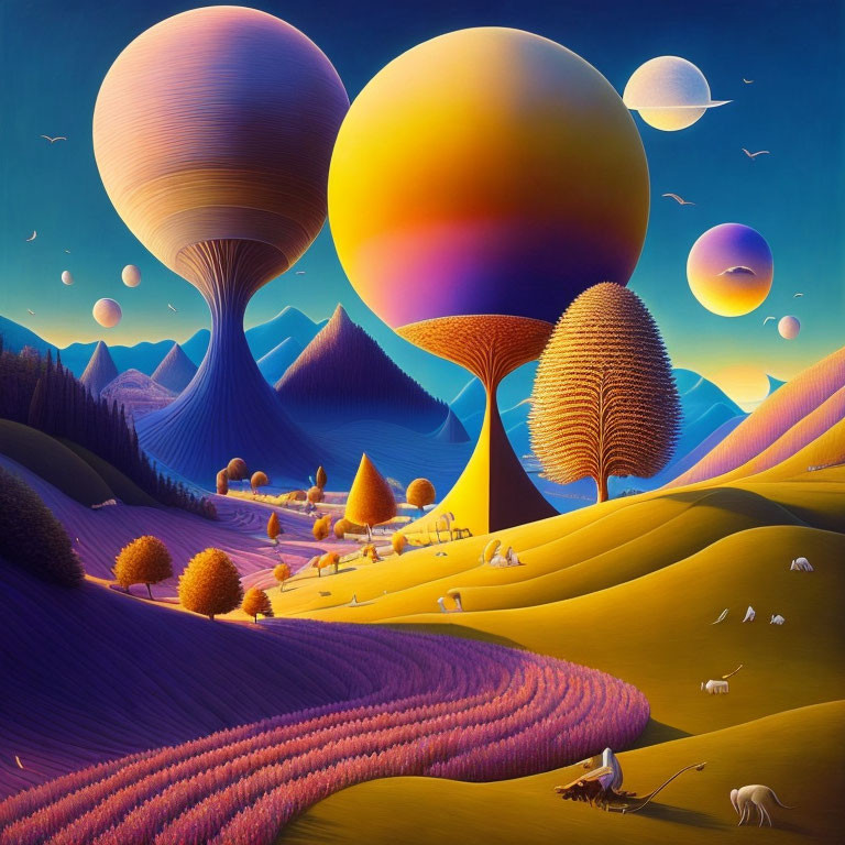 Colorful Surrealist Landscape with Trees, Hills, Animals, and Spheres