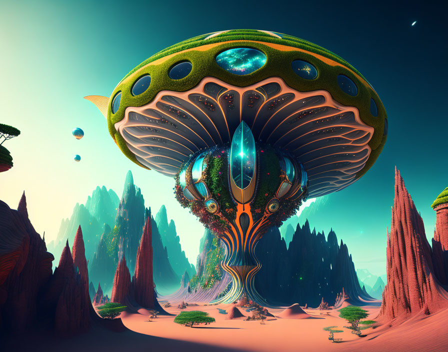 Fantastical landscape with mushroom-like structure in alien terrain