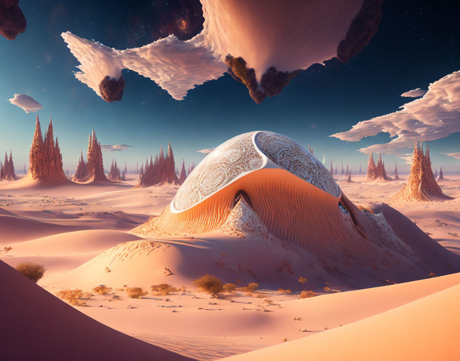 Surreal desert landscape with alien-like structure and floating rocks