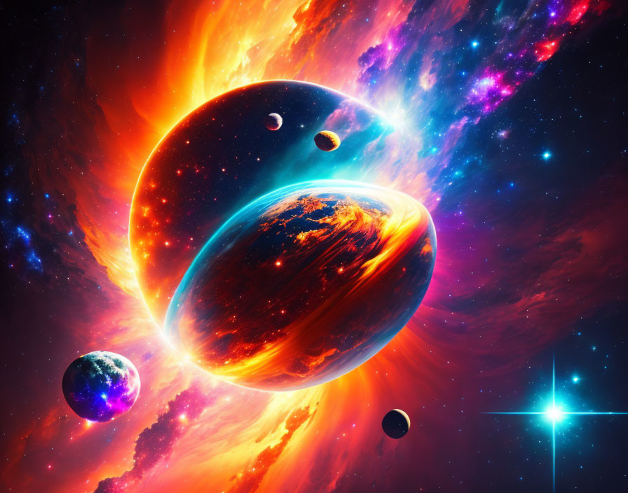 Colorful Cosmic Scene with Nebulae, Sun, Planets, and Craters