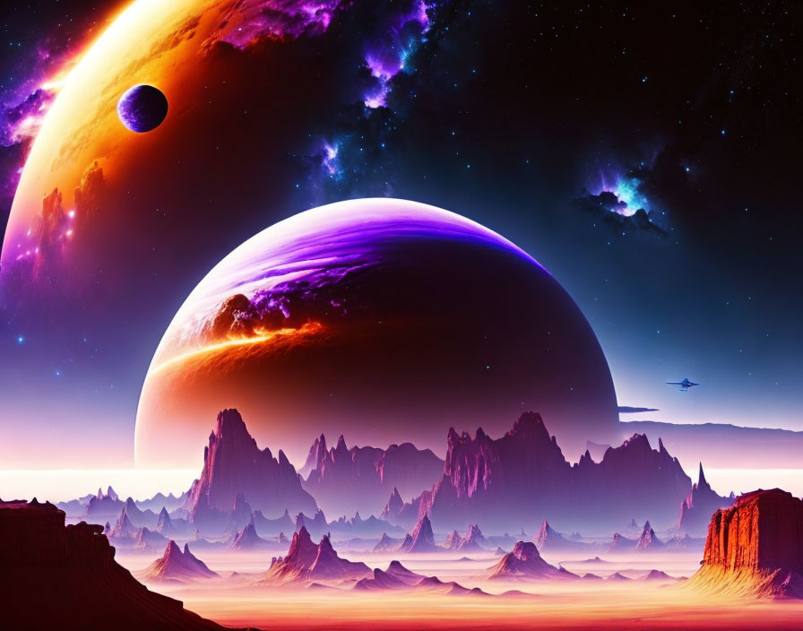 Majestic purple and orange sci-fi landscape with spaceship