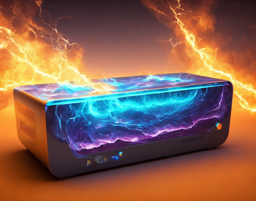 Dynamic Electric Plasma Effects Surrounding Portable Projector on Vivid Orange Background