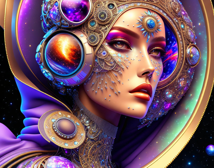 Cosmic-themed digital artwork of a woman with galaxy jewelry