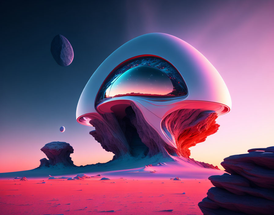 Surreal landscape featuring glossy futuristic structure on alien terrain with pink sky and two moons