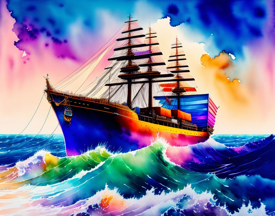 Colorful tall ship sailing on vibrant waves under vivid sky