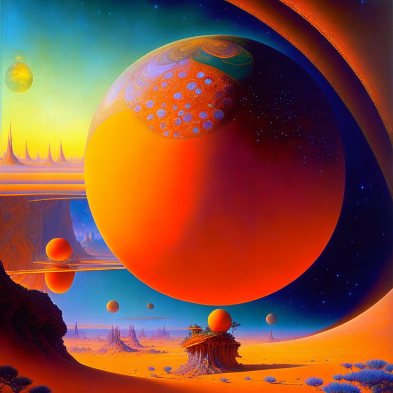 Colorful Sci-Fi Landscape with Large Planets, Alien Desert, Futuristic Architecture, and Floating Or