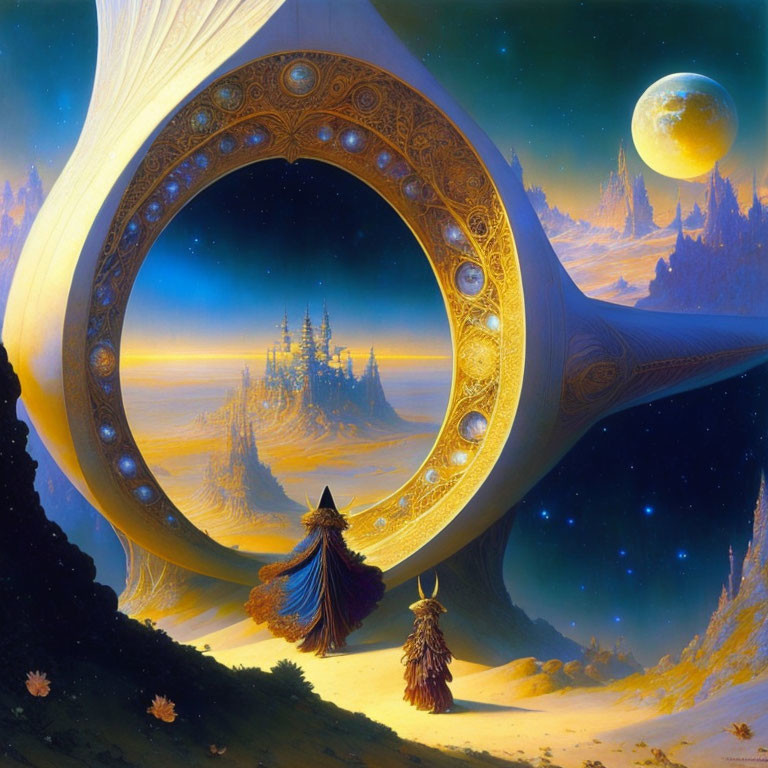 Cloaked figure at ornate circular gate on alien planet with moon and colorful sky