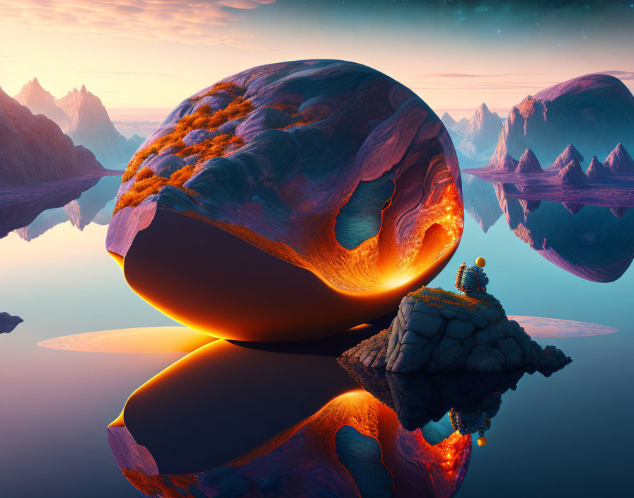 Surreal landscape with floating islands and vibrant orange glow