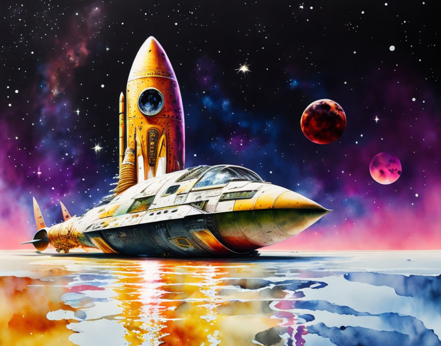 Futuristic spaceships in vibrant cosmic scene