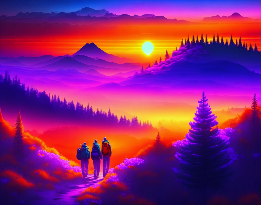 Hikers on mountain trail at sunset with layers of purple and blue mountains