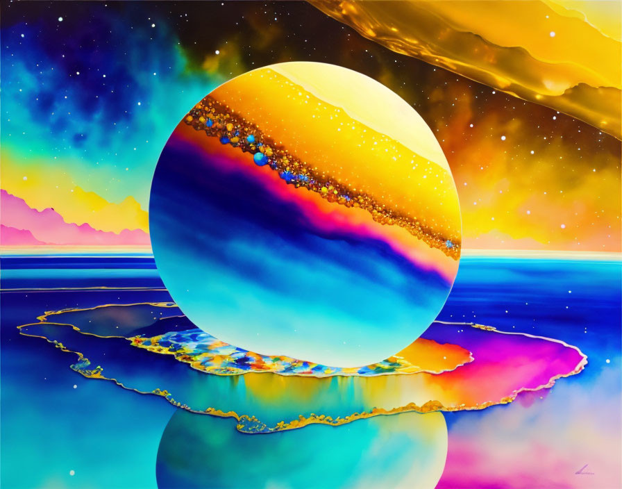 Colorful surreal landscape with floating orb and starry skies