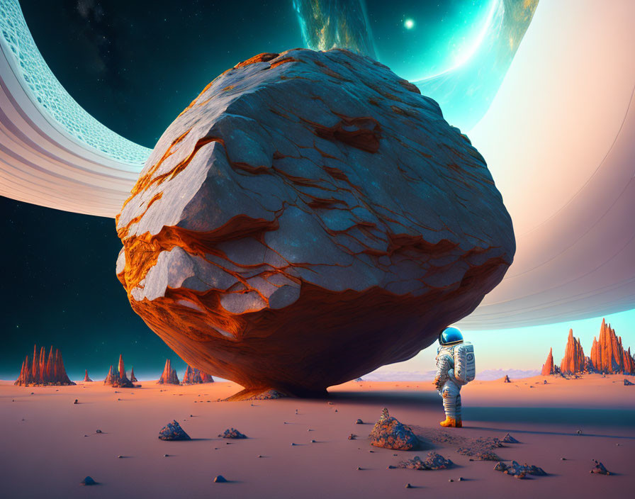 Astronaut on alien planet gazes at levitating boulder with glowing crack