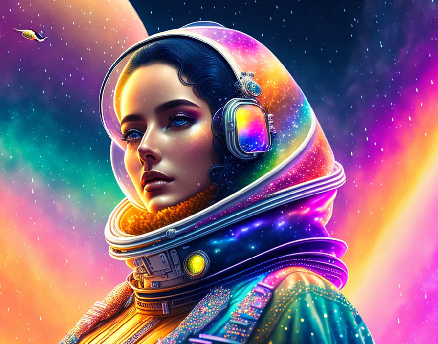 Colorful Woman Astronaut Artwork in Cosmic Space