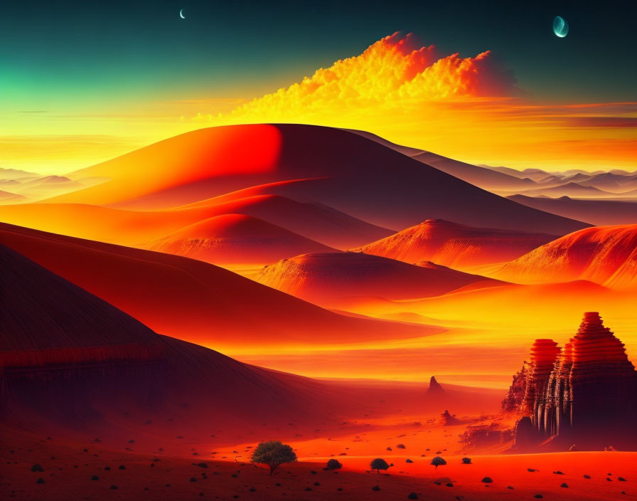 Colorful Desert Sunset with Sand Dunes and Celestial Bodies