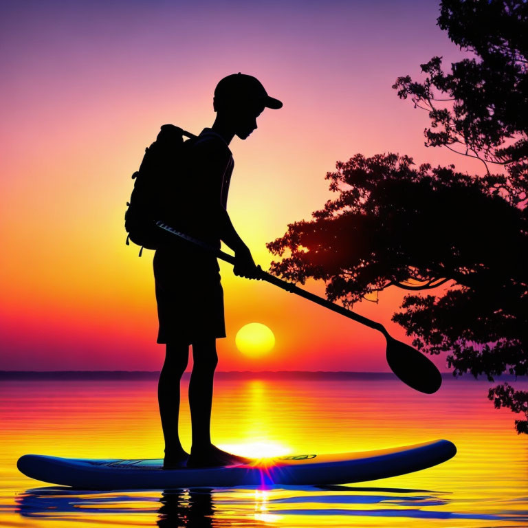 Silhouette of person on paddleboard at sunset with tree branch overhead