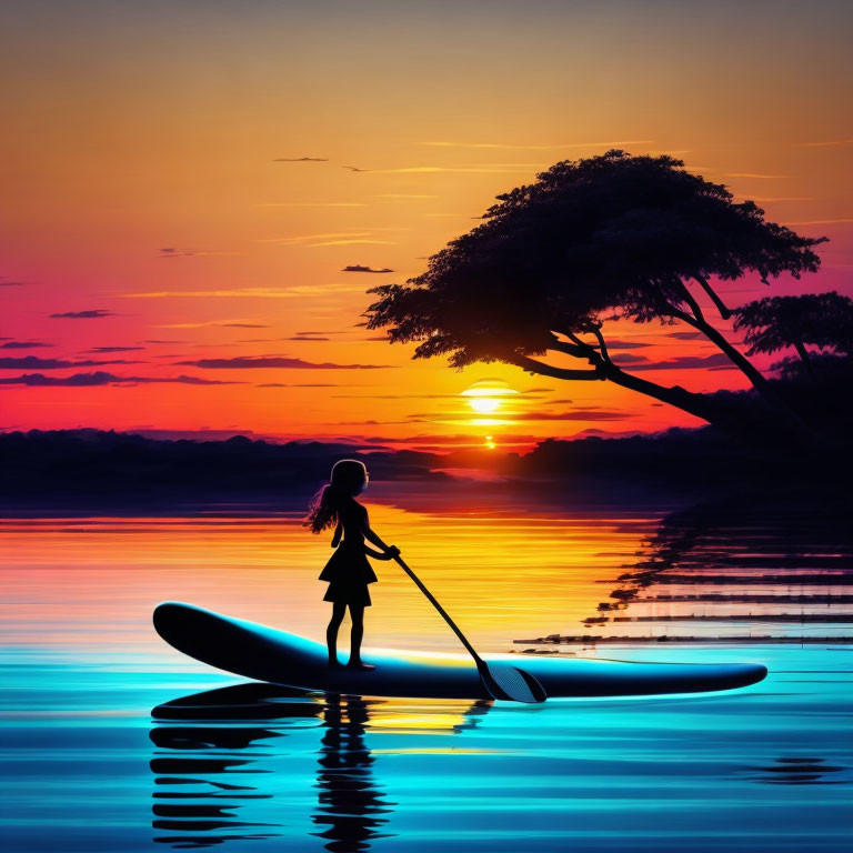 Silhouette of person paddleboarding on tranquil water at sunset.