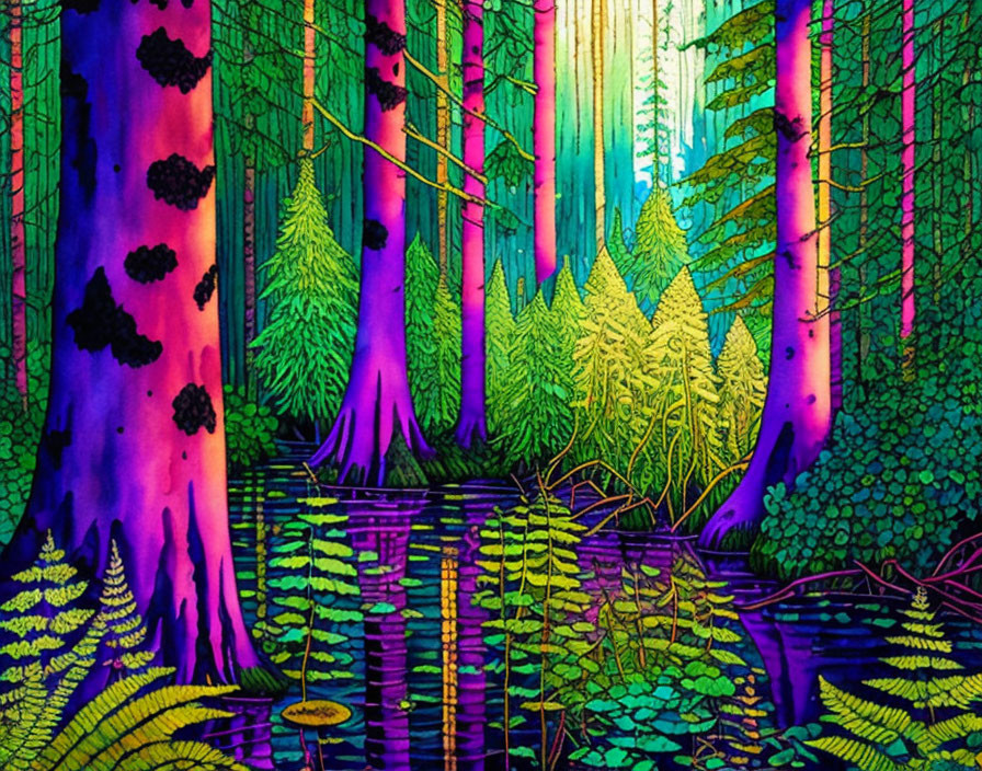 Colorful Psychedelic Forest Illustration with Stylized Trees and Water Reflections