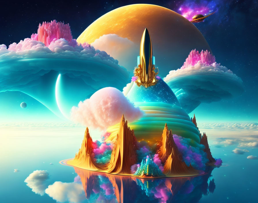 Colorful Sci-Fi Landscape with Floating Islands and Multiple Moons