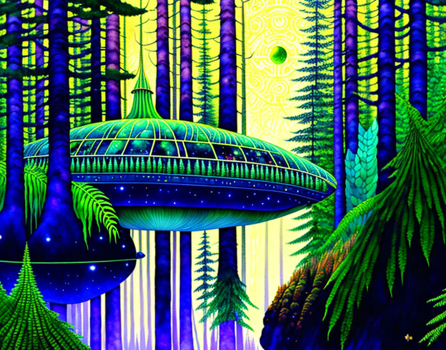 Colorful UFO illustration in mystical forest with neon hues & stylized sun.