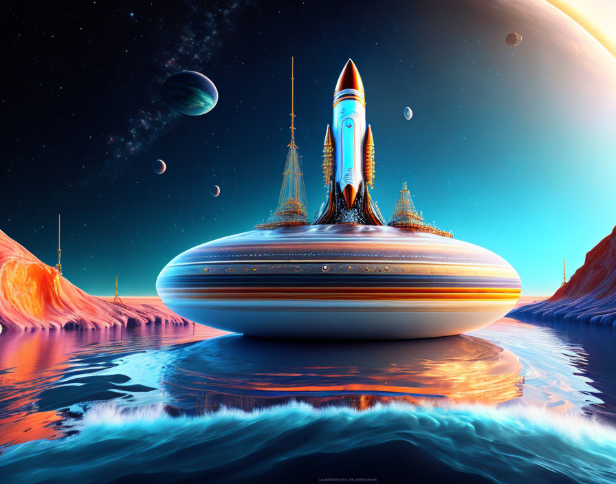 Futuristic spaceship on alien water surface with vibrant landscape