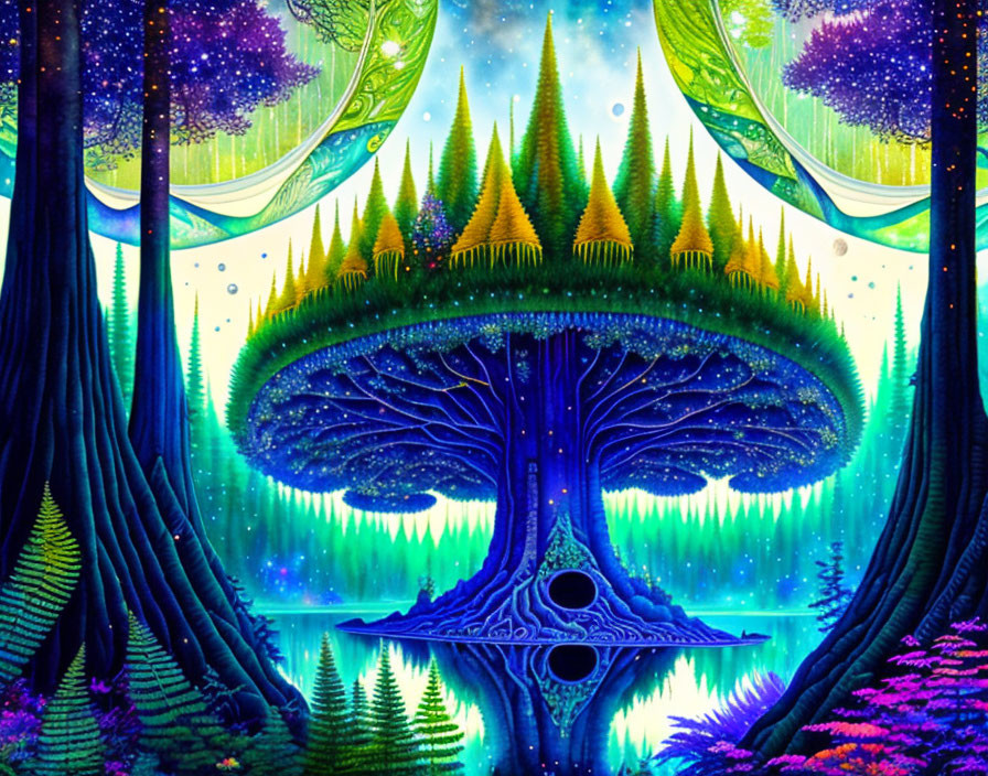 Surreal forest scene with upside-down tree and celestial elements