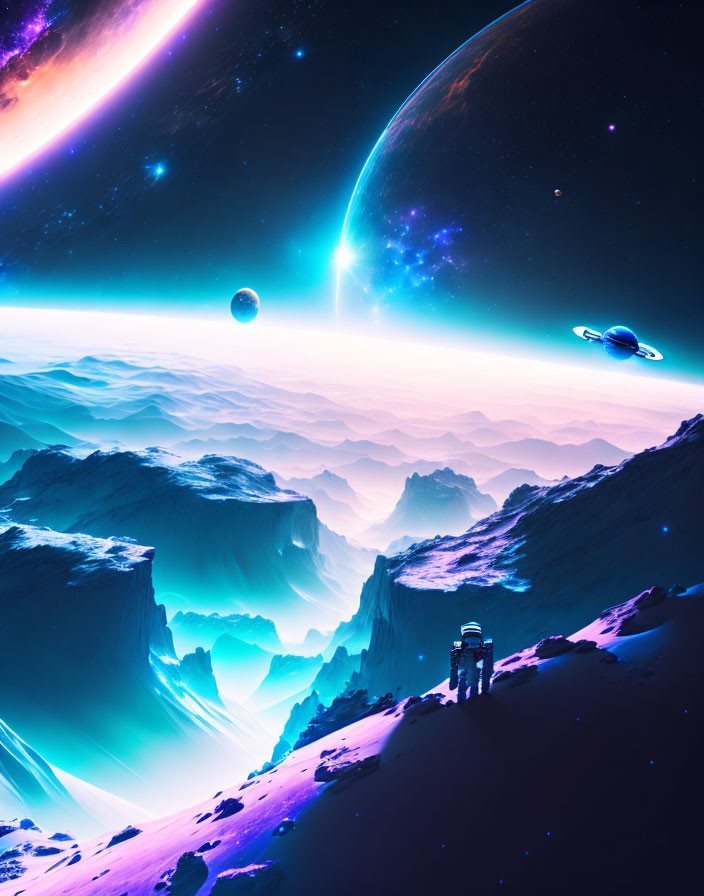 Colorful sci-fi landscape with cliffs, astronaut, planets, spaceship, and nebula.