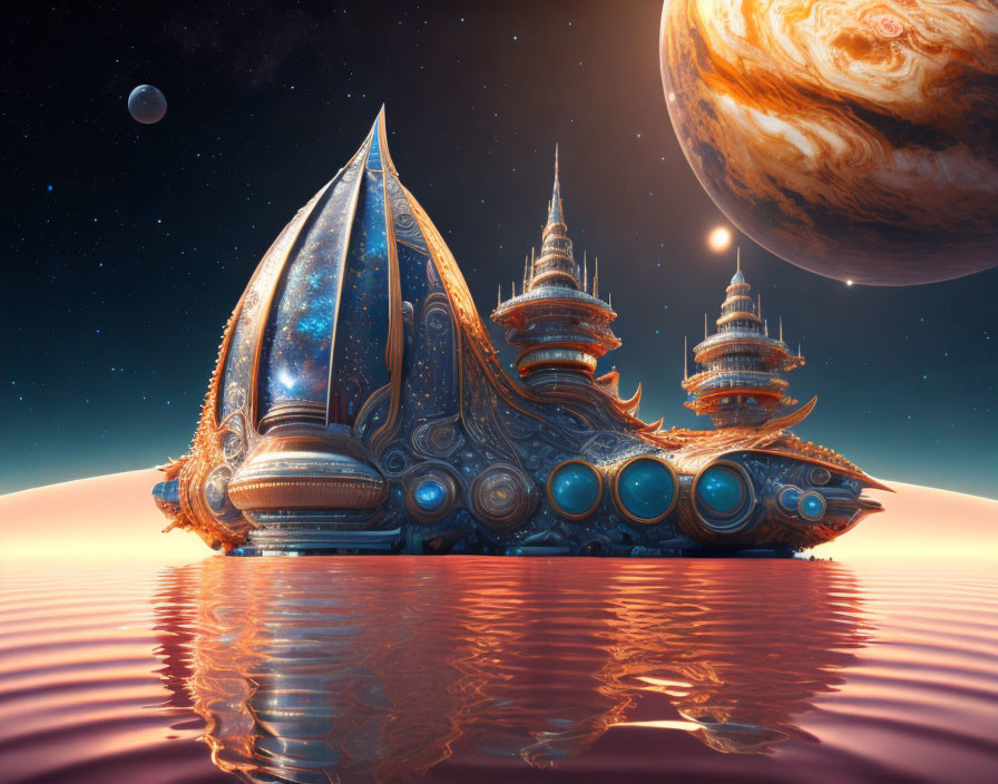 Futuristic spaceship with ornate architecture floating on water near planet and moon in orange sky