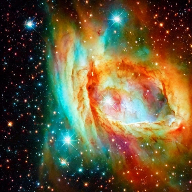 Colorful Nebula with Green, Orange, and Red Swirls and Bright Stars