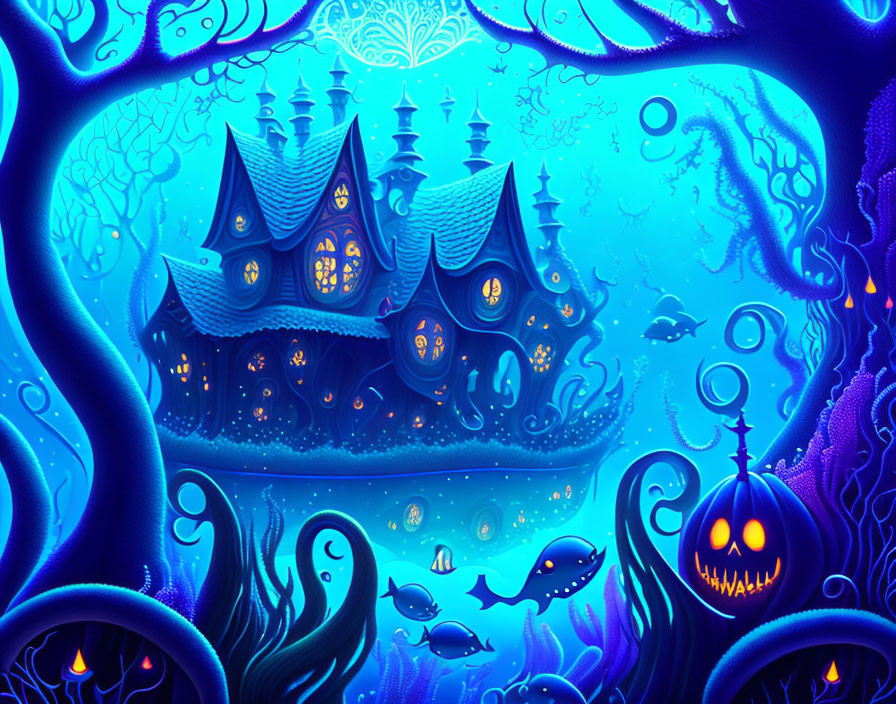 Fantastical underwater scene with glowing blue pumpkin and stylized sea creatures