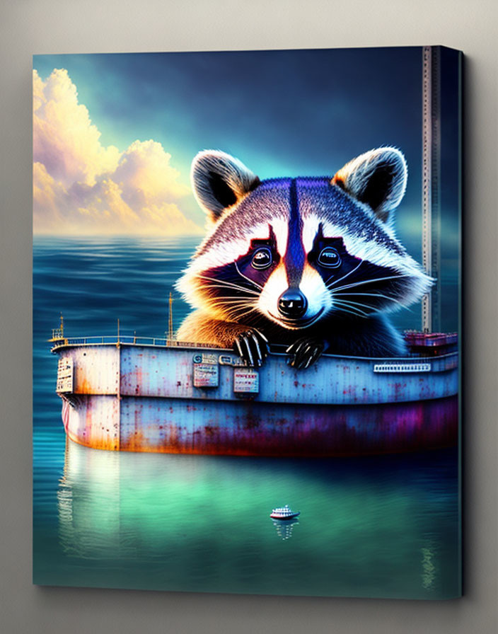 Illustrated Raccoon Canvas Art Print on Ocean Vessel Under Cloudy Sky