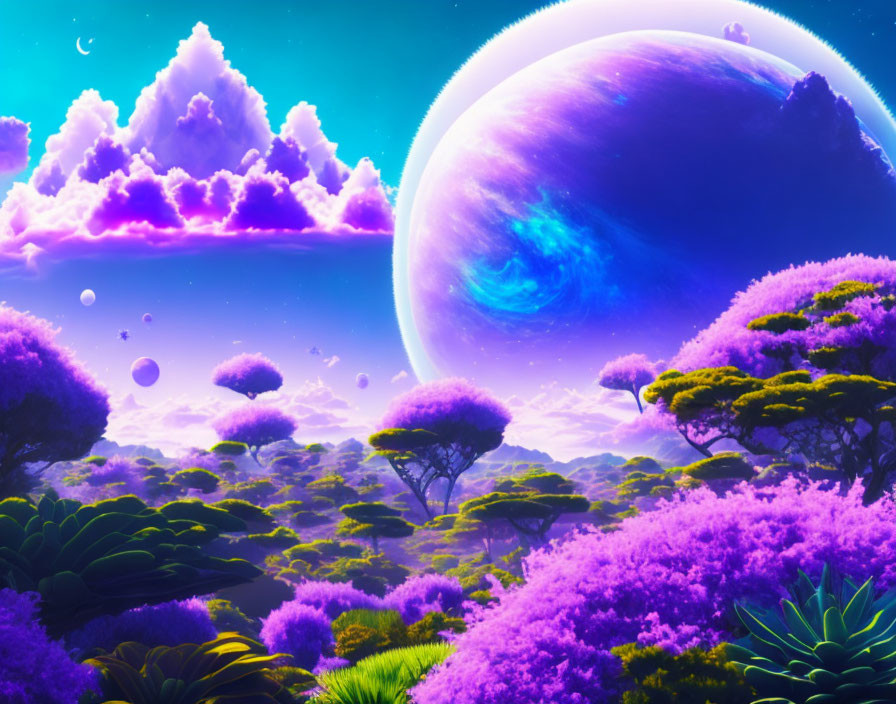 Fantasy landscape with purple foliage under starry sky and glowing planet