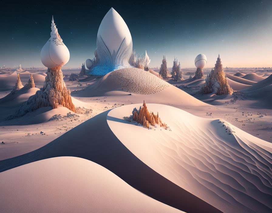 Surreal desert landscape with smooth dunes and fantastical structures