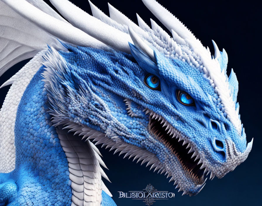 Detailed depiction of a blue dragon with sharp teeth and intense blue eyes