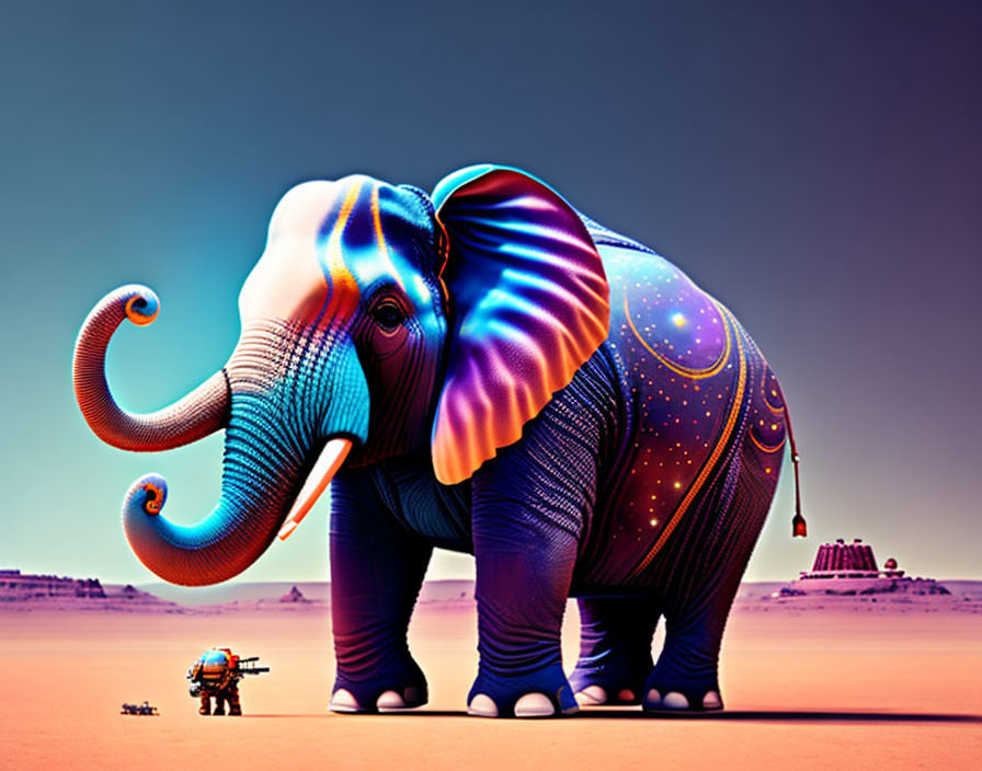 Vibrant digital artwork: Elephant with psychedelic patterns in desert landscape