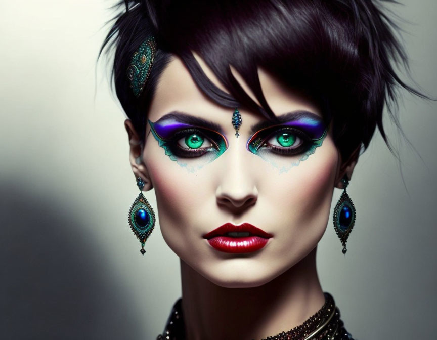 Vibrant eye shadow and red lipstick with intricate facial jewelry and peacock feather earrings on a person