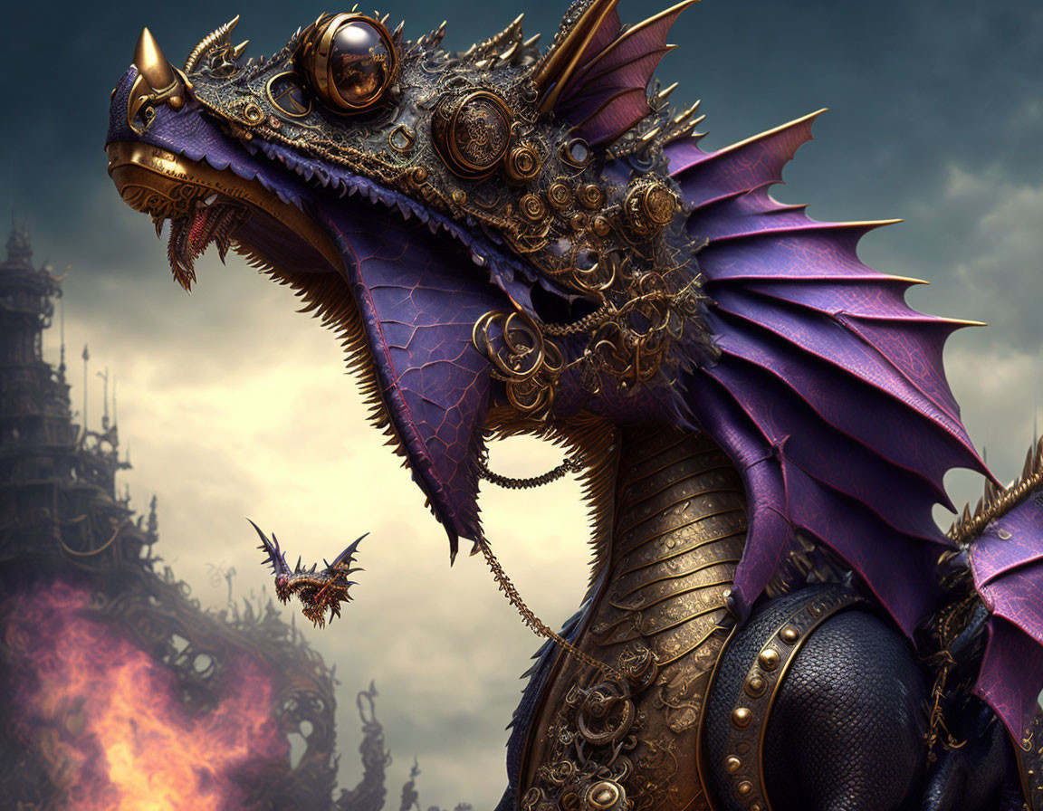 Mechanical Dragon with Purple Wings in Steampunk Setting