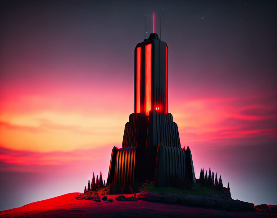 Futuristic building with glowing red lines on hill under starry night sky