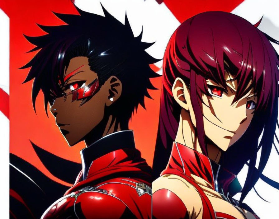 Anime characters with red eyes in black and red outfits on red and white background