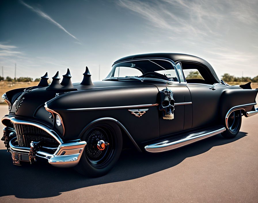 Classic Black Car with Skull Decorations and Unique Chrome Accents