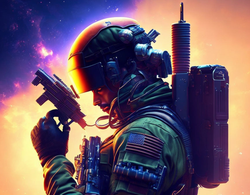 Futuristic soldier with helmet, rifle, and backpack in cosmic scene